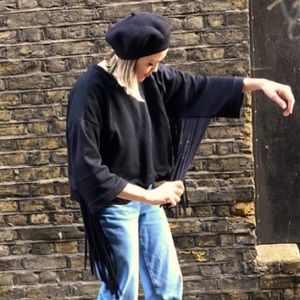 Cropped Black Tassel/Fringe Sleeves Sweatshirt